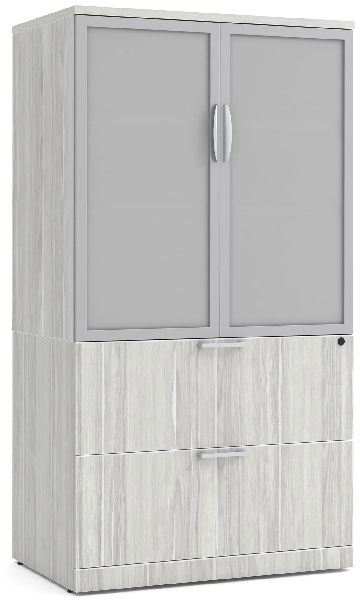 BROOKLYN-LAMINATE-2-DRAWER-LATERAL-FILE-WITH-STORAGE-CABINET-GLASS-DOORS-Silver-Birchwood