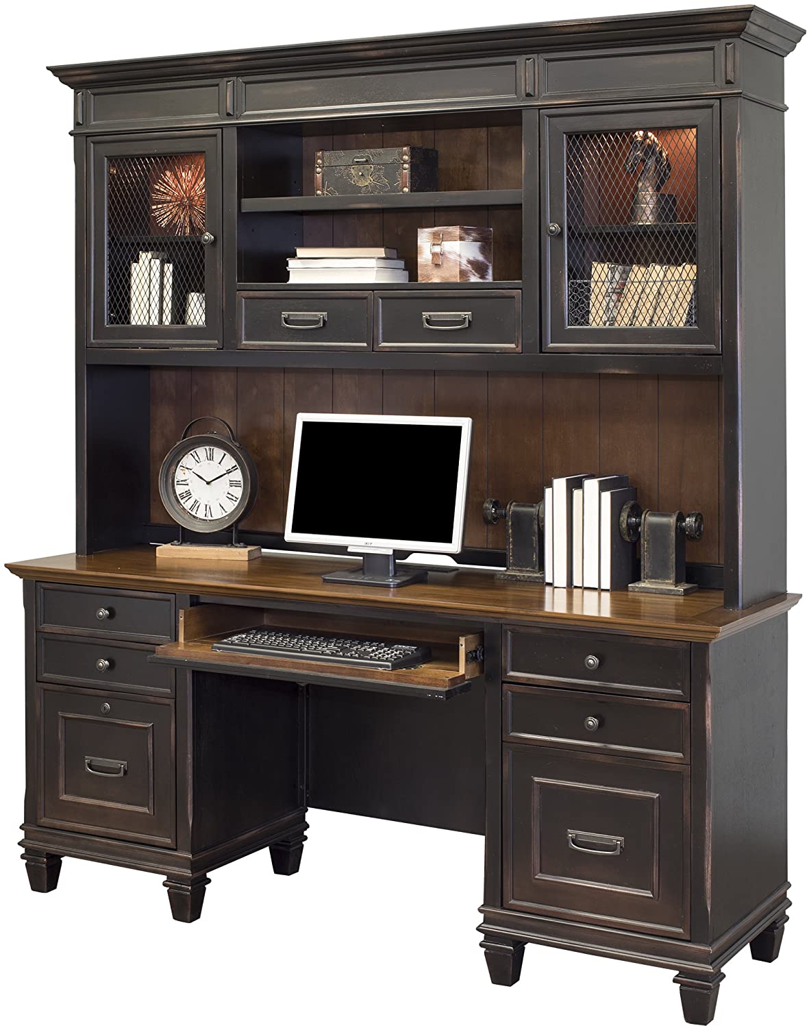 Rumson-Credenza-Hutch-In-Black-With-Wood-Plank-Top